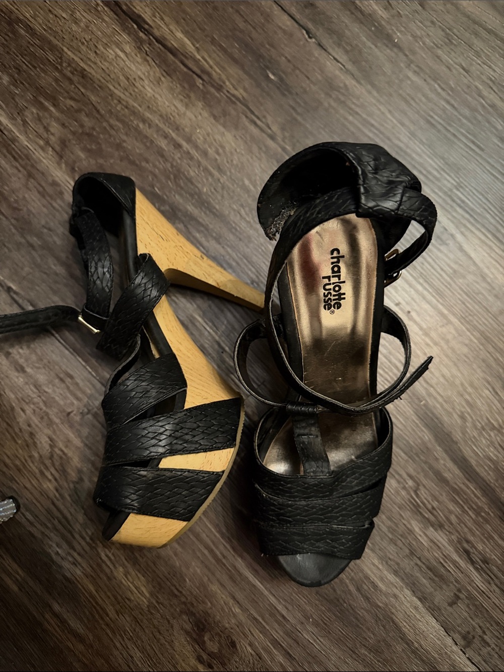 Charlotte Russe Black Woven Strap Platform Sandals with Wood-Look Heel